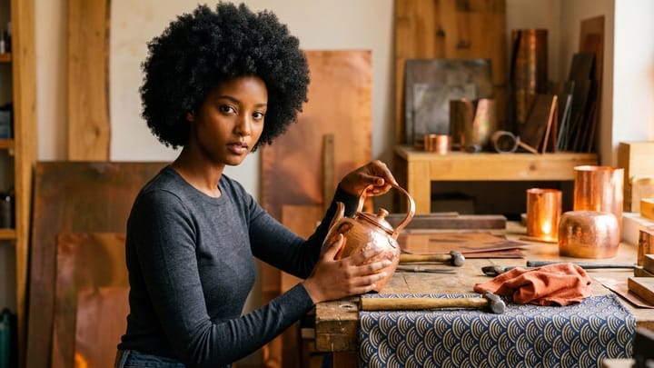 Damaris studies a hand-hammered copper kettle in a coppersmith atelier